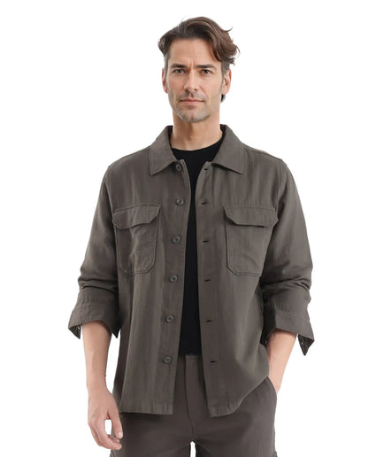 Textured Knit Cotton Shirt – Long Sleeves – Earth Brown| Rare Rabbit