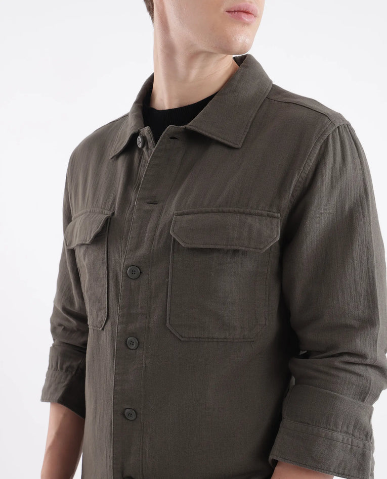Textured Knit Cotton Shirt – Long Sleeves – Earth Brown| Rare Rabbit