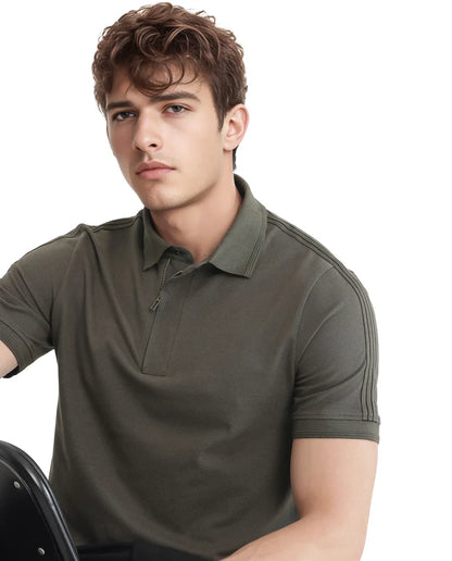 Olive Knit Polo with Shoulder Tape Detail –Rare Rabbit
