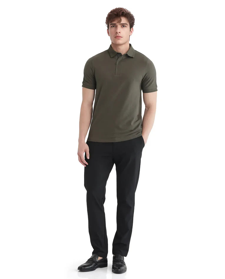 Olive Knit Polo with Shoulder Tape Detail –Rare Rabbit