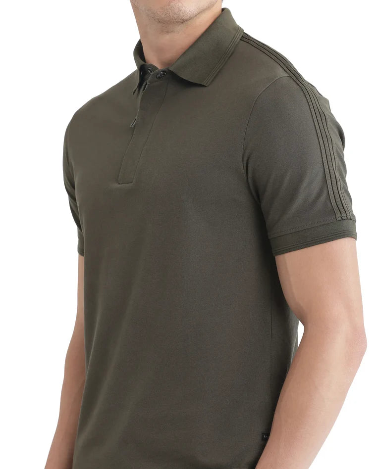 Olive Knit Polo with Shoulder Tape Detail –Rare Rabbit