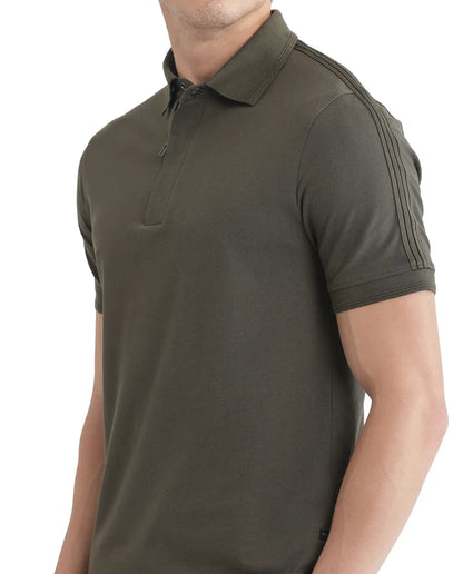 Olive Knit Polo with Shoulder Tape Detail –Rare Rabbit