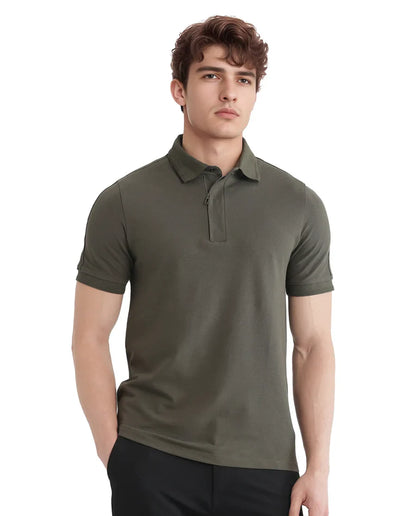 Olive Knit Polo with Shoulder Tape Detail –Rare Rabbit