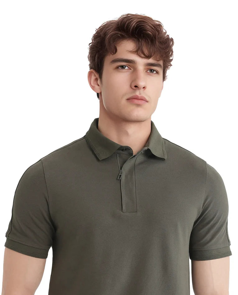 Olive Knit Polo with Shoulder Tape Detail –Rare Rabbit