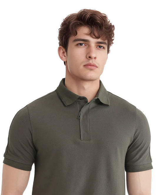 Olive Knit Polo with Shoulder Tape Detail –Rare Rabbit